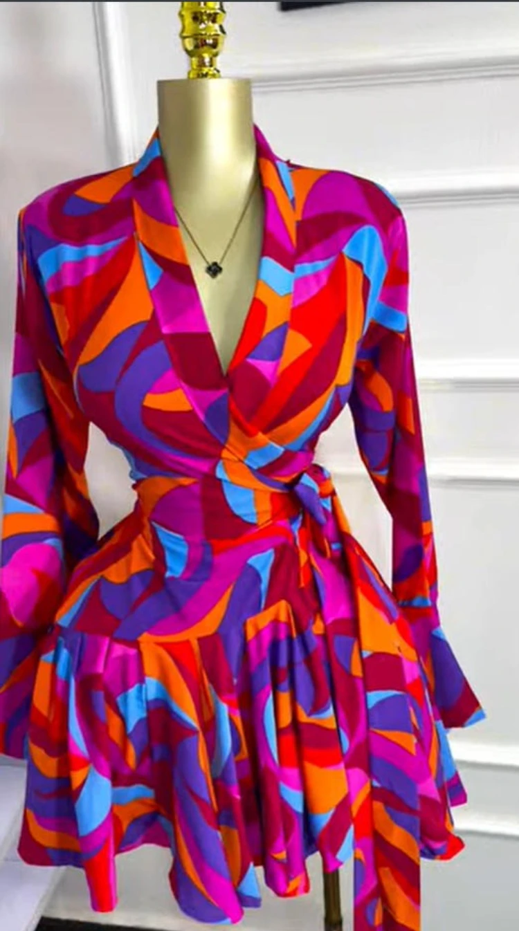 CM.YAYA 2026 Spring Women Flare Long Sleeve V-neck Sashes Ruffle Mini Dress Street Elegant Sexy Vacation Party Birthday Dresses