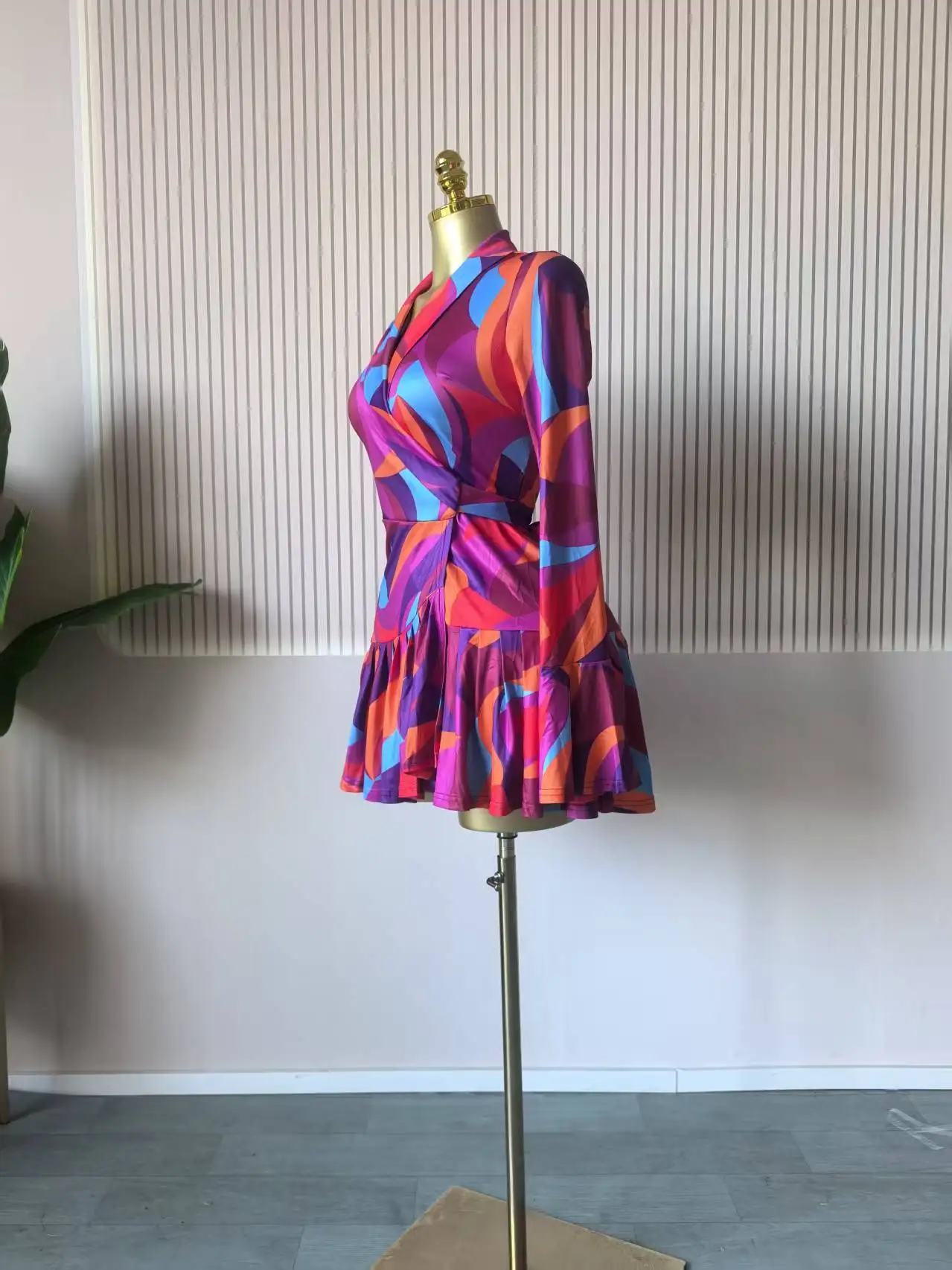 CM.YAYA 2026 Spring Women Flare Long Sleeve V-neck Sashes Ruffle Mini Dress Street Elegant Sexy Vacation Party Birthday Dresses