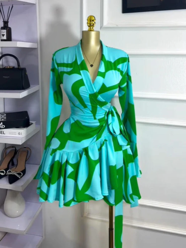 CM.YAYA 2026 Spring Women Flare Long Sleeve V-neck Sashes Ruffle Mini Dress Street Elegant Sexy Vacation Party Birthday Dresses