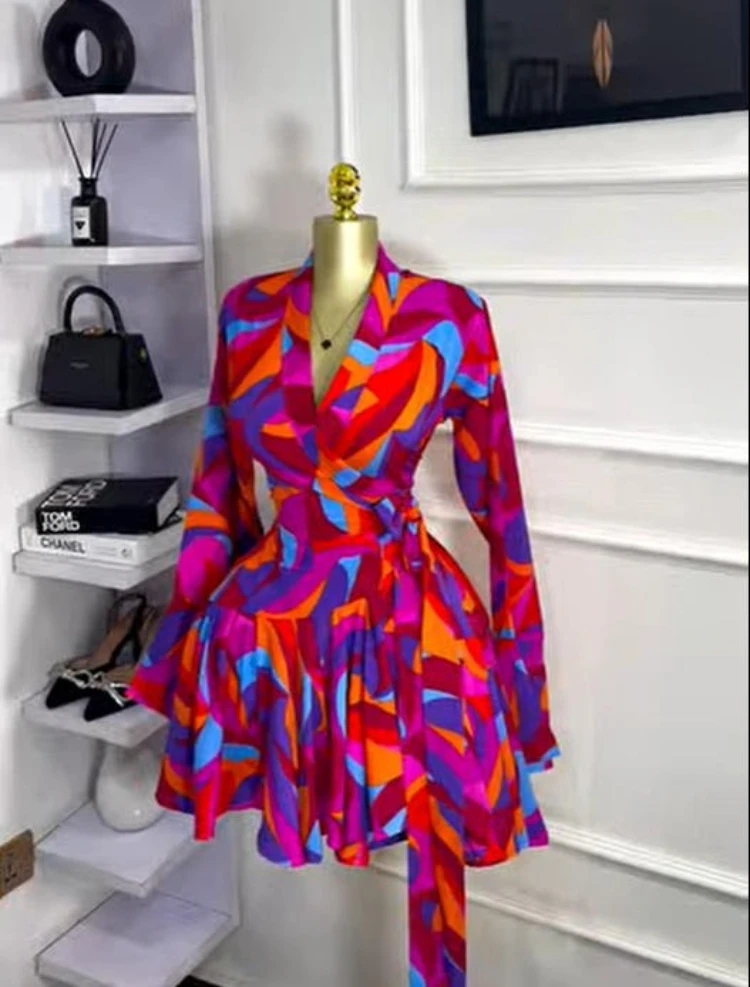 CM.YAYA 2026 Spring Women Flare Long Sleeve V-neck Sashes Ruffle Mini Dress Street Elegant Sexy Vacation Party Birthday Dresses