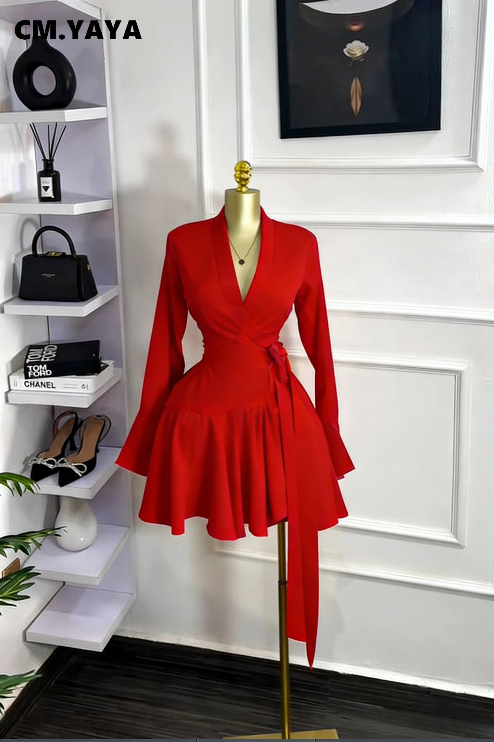 CM.YAYA 2026 Spring Women Flare Long Sleeve V-neck Sashes Ruffle Mini Dress Street Elegant Sexy Vacation Party Birthday Dresses