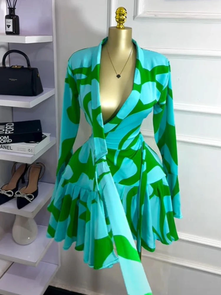 CM.YAYA 2026 Spring Women Flare Long Sleeve V-neck Sashes Ruffle Mini Dress Street Elegant Sexy Vacation Party Birthday Dresses