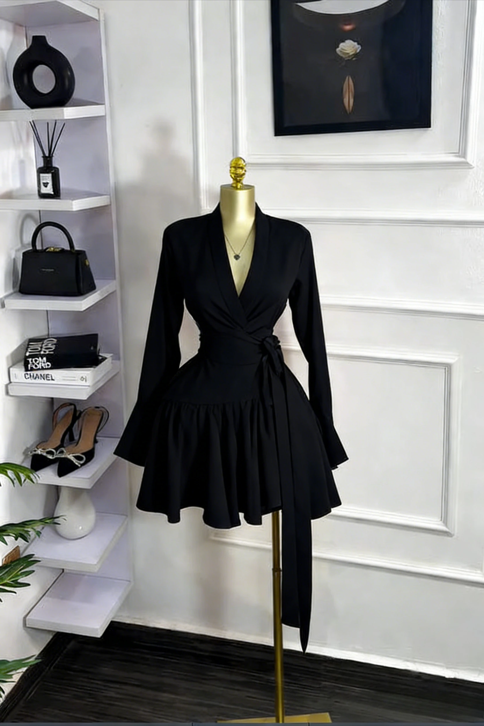 CM.YAYA 2026 Spring Women Flare Long Sleeve V-neck Sashes Ruffle Mini Dress Street Elegant Sexy Vacation Party Birthday Dresses