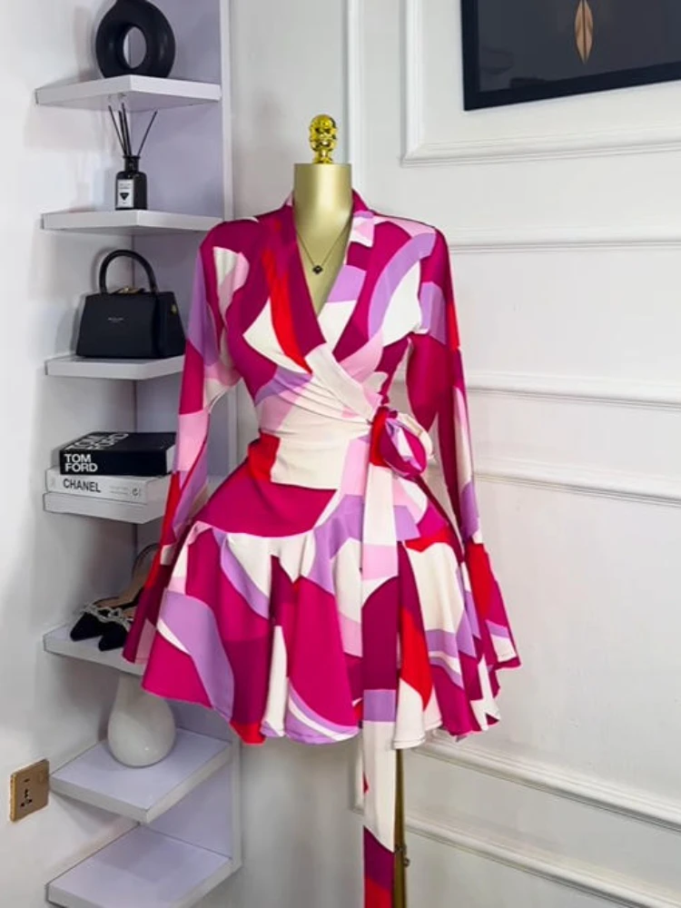 CM.YAYA 2026 Spring Women Flare Long Sleeve V-neck Sashes Ruffle Mini Dress Street Elegant Sexy Vacation Party Birthday Dresses