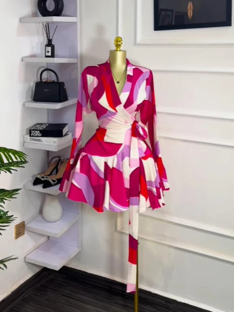 CM.YAYA 2026 Spring Women Flare Long Sleeve V-neck Sashes Ruffle Mini Dress Street Elegant Sexy Vacation Party Birthday Dresses
