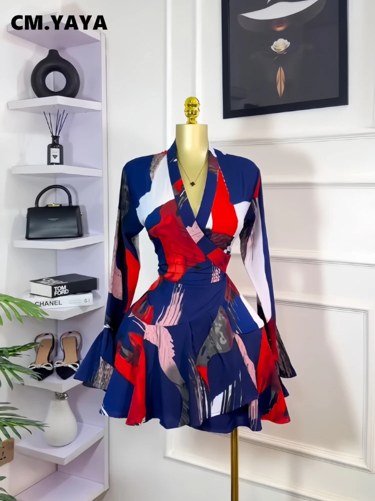 CM.YAYA 2026 Spring Women Flare Long Sleeve V-neck Sashes Ruffle Mini Dress Street Elegant Sexy Vacation Party Birthday Dresses