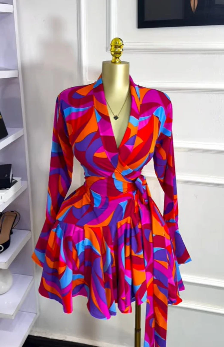 CM.YAYA 2026 Spring Women Flare Long Sleeve V-neck Sashes Ruffle Mini Dress Street Elegant Sexy Vacation Party Birthday Dresses