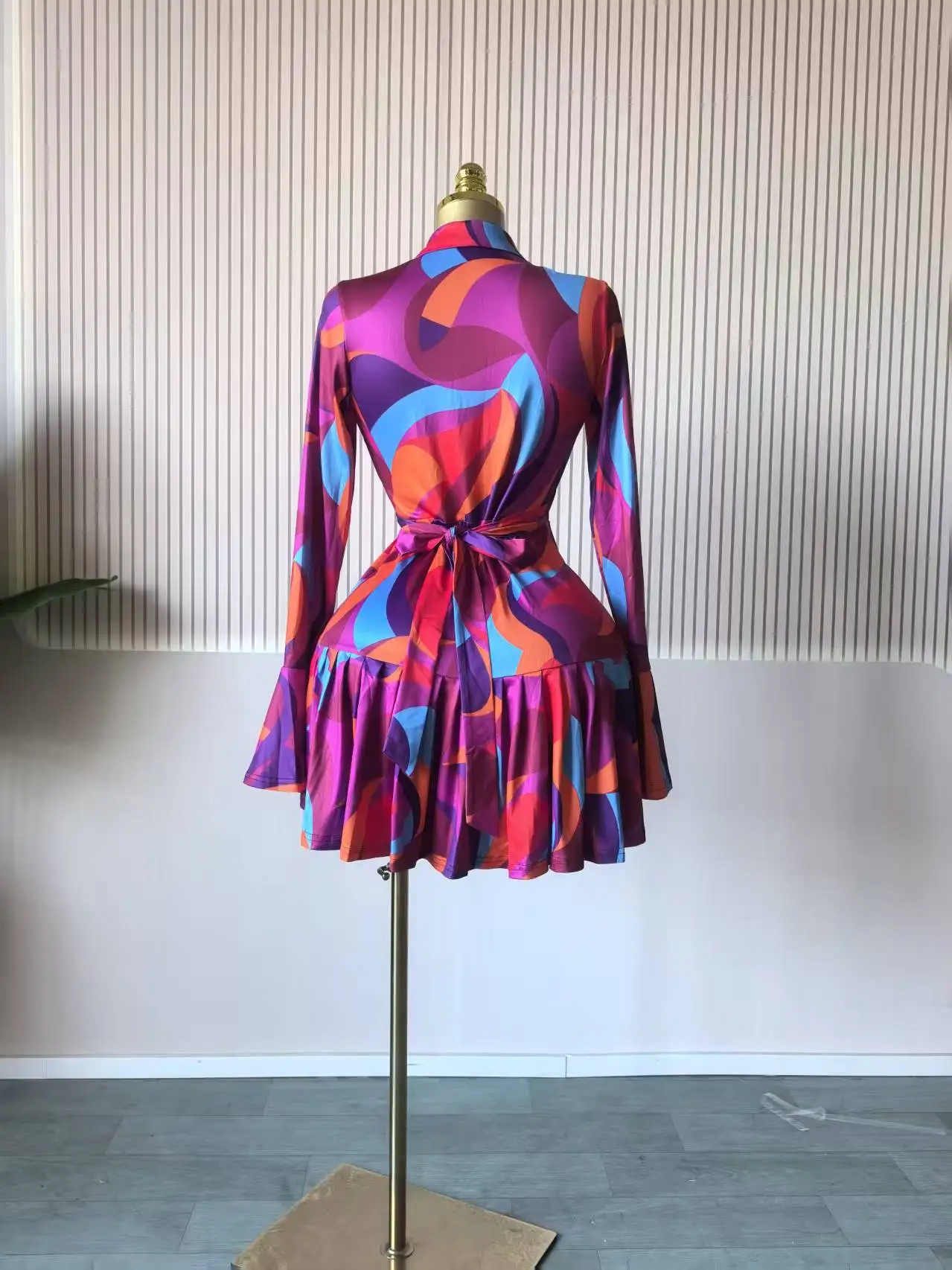 CM.YAYA 2026 Spring Women Flare Long Sleeve V-neck Sashes Ruffle Mini Dress Street Elegant Sexy Vacation Party Birthday Dresses