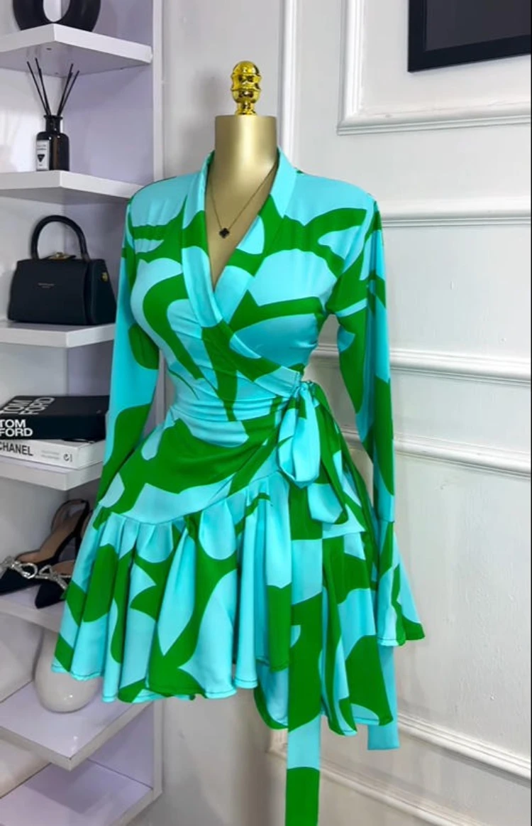 CM.YAYA 2026 Spring Women Flare Long Sleeve V-neck Sashes Ruffle Mini Dress Street Elegant Sexy Vacation Party Birthday Dresses