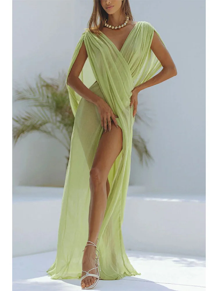 Weird Puss Beach Vacation Dress Women See Through Sleeveless V-Neck Sexy Solid Split Midnight Party Club Long Irregular Bodycon