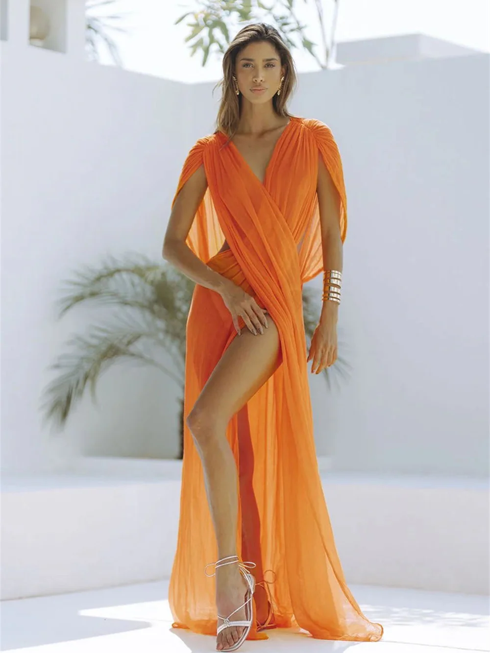 Weird Puss Beach Vacation Dress Women See Through Sleeveless V-Neck Sexy Solid Split Midnight Party Club Long Irregular Bodycon