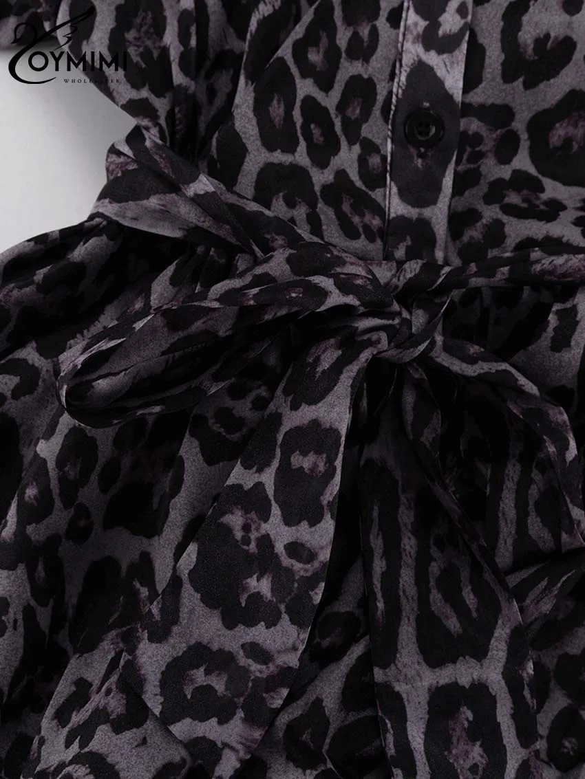 Oymimi Fashion Brown Leopard Print Women's Dress Elegant Long Sleeve Buton Lace-Up Dresses Casual Cascading Ruffle Mini Dresses