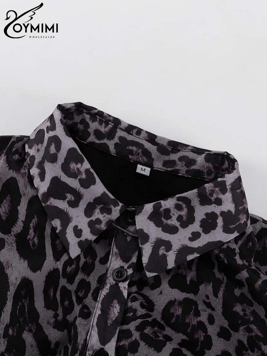 Oymimi Fashion Brown Leopard Print Women's Dress Elegant Long Sleeve Buton Lace-Up Dresses Casual Cascading Ruffle Mini Dresses