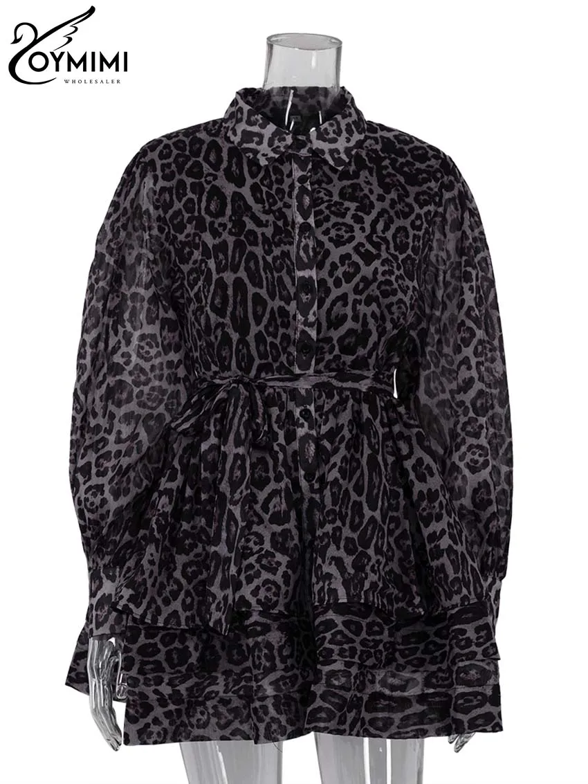 Oymimi Fashion Brown Leopard Print Women's Dress Elegant Long Sleeve Buton Lace-Up Dresses Casual Cascading Ruffle Mini Dresses