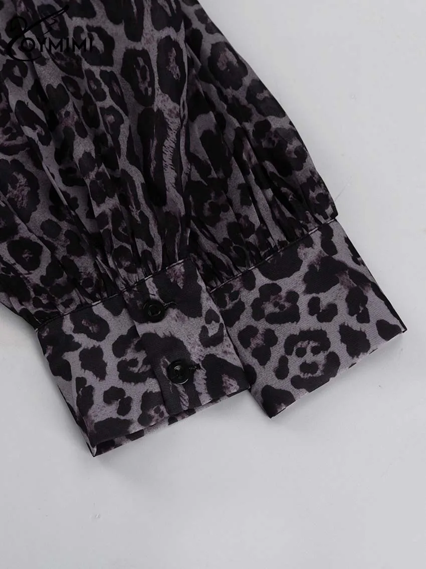 Oymimi Fashion Brown Leopard Print Women's Dress Elegant Long Sleeve Buton Lace-Up Dresses Casual Cascading Ruffle Mini Dresses
