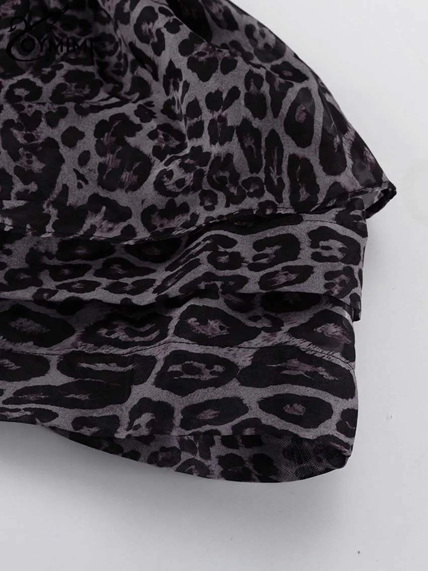 Oymimi Fashion Brown Leopard Print Women's Dress Elegant Long Sleeve Buton Lace-Up Dresses Casual Cascading Ruffle Mini Dresses