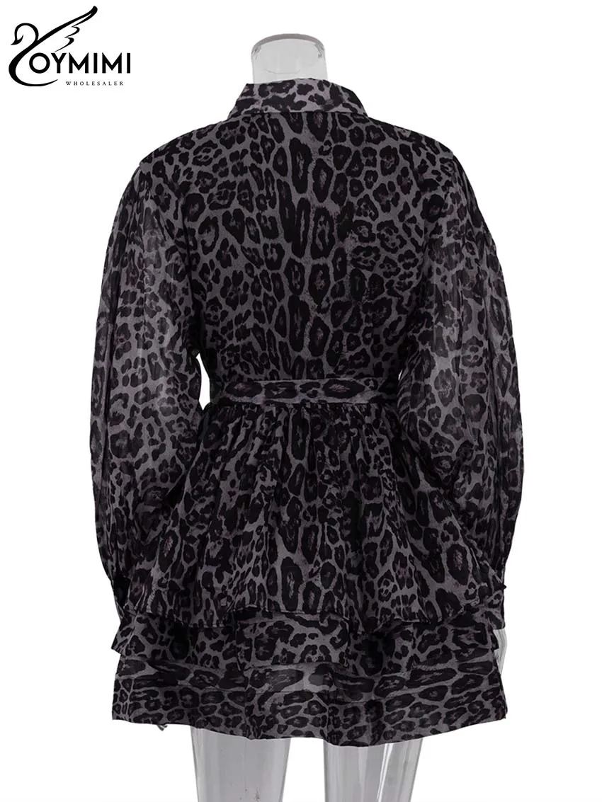 Oymimi Fashion Brown Leopard Print Women's Dress Elegant Long Sleeve Buton Lace-Up Dresses Casual Cascading Ruffle Mini Dresses