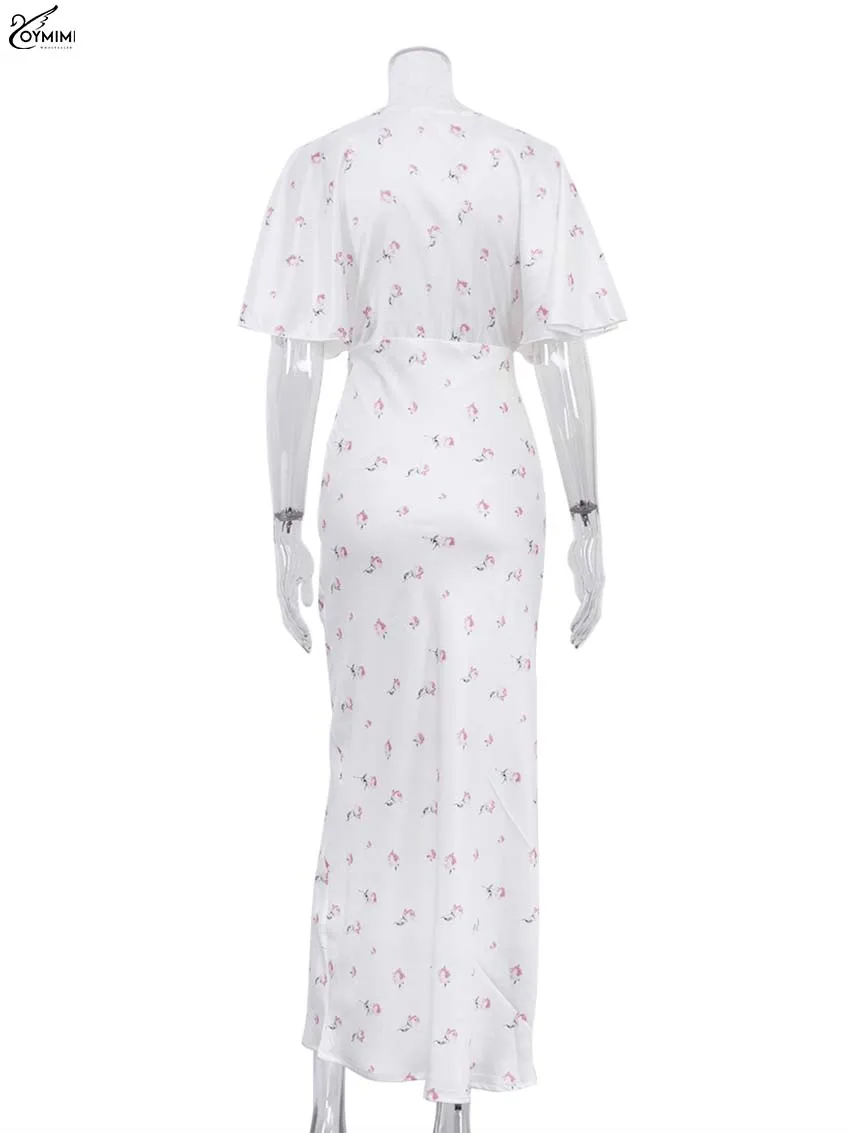 Oymimi Casual White Print Dresses For Woman Fashion V-Neck Batwing Sleeve Dresses Elegant Straight Floor-Length Dress Streetwear