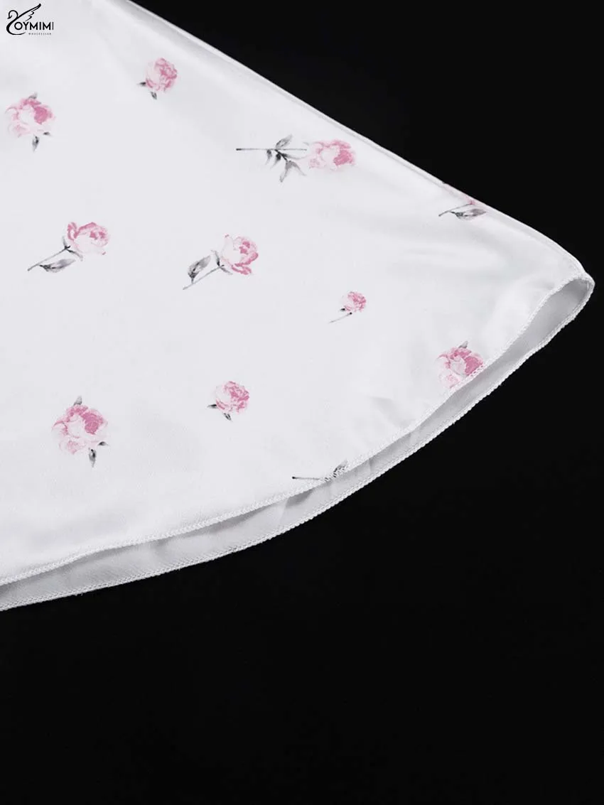 Oymimi Casual White Print Dresses For Woman Fashion V-Neck Batwing Sleeve Dresses Elegant Straight Floor-Length Dress Streetwear