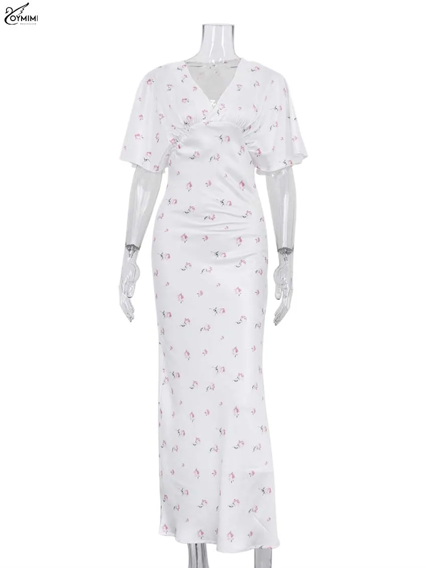 Oymimi Casual White Print Dresses For Woman Fashion V-Neck Batwing Sleeve Dresses Elegant Straight Floor-Length Dress Streetwear