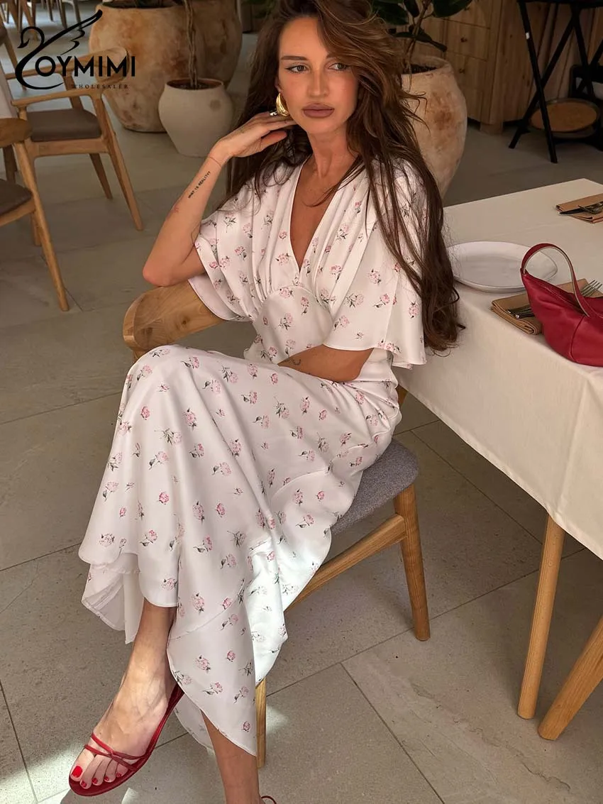 Oymimi Casual White Print Dresses For Woman Fashion V-Neck Batwing Sleeve Dresses Elegant Straight Floor-Length Dress Streetwear