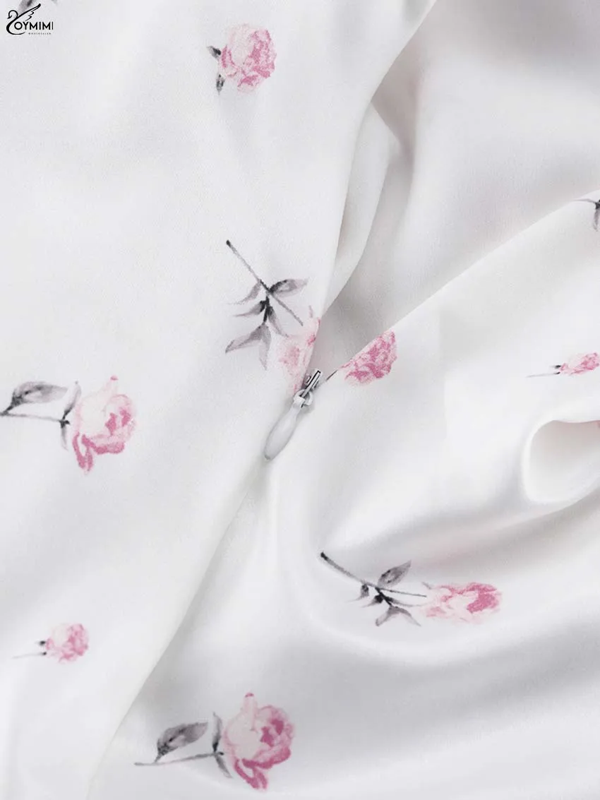 Oymimi Casual White Print Dresses For Woman Fashion V-Neck Batwing Sleeve Dresses Elegant Straight Floor-Length Dress Streetwear