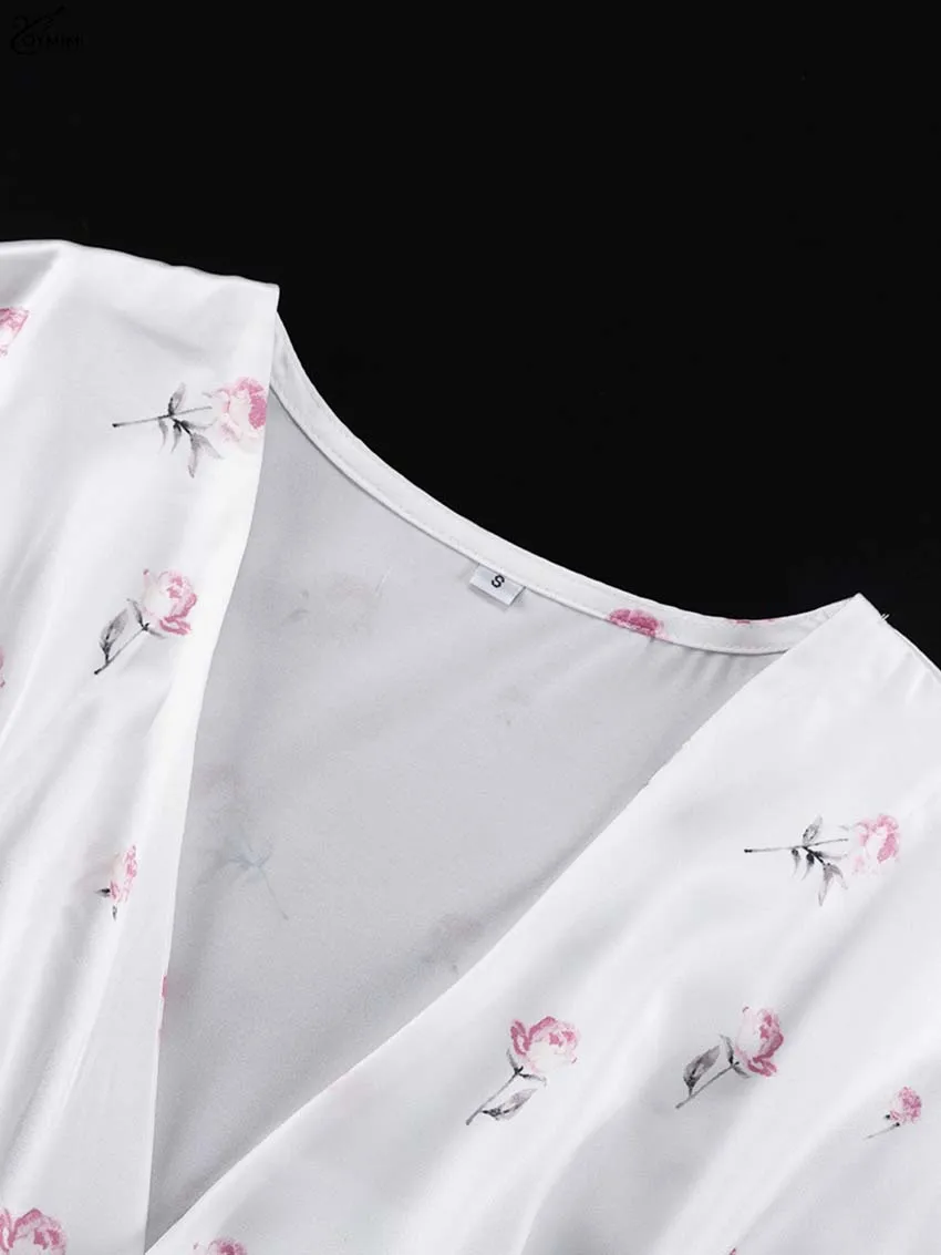 Oymimi Casual White Print Dresses For Woman Fashion V-Neck Batwing Sleeve Dresses Elegant Straight Floor-Length Dress Streetwear