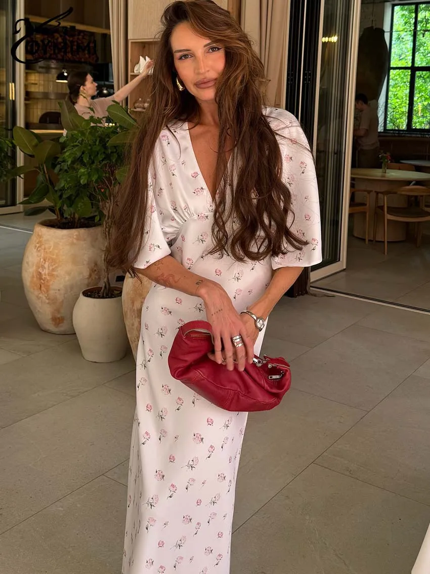 Oymimi Casual White Print Dresses For Woman Fashion V-Neck Batwing Sleeve Dresses Elegant Straight Floor-Length Dress Streetwear