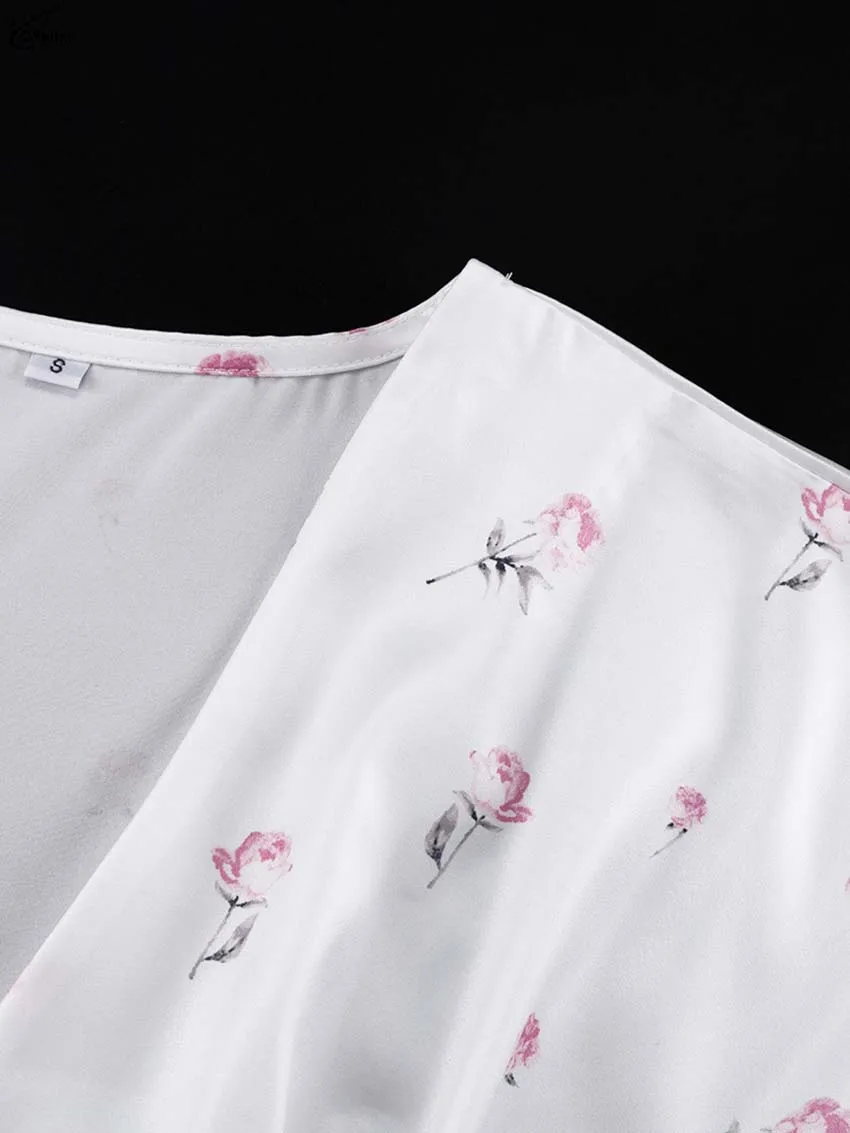 Oymimi Casual White Print Dresses For Woman Fashion V-Neck Batwing Sleeve Dresses Elegant Straight Floor-Length Dress Streetwear