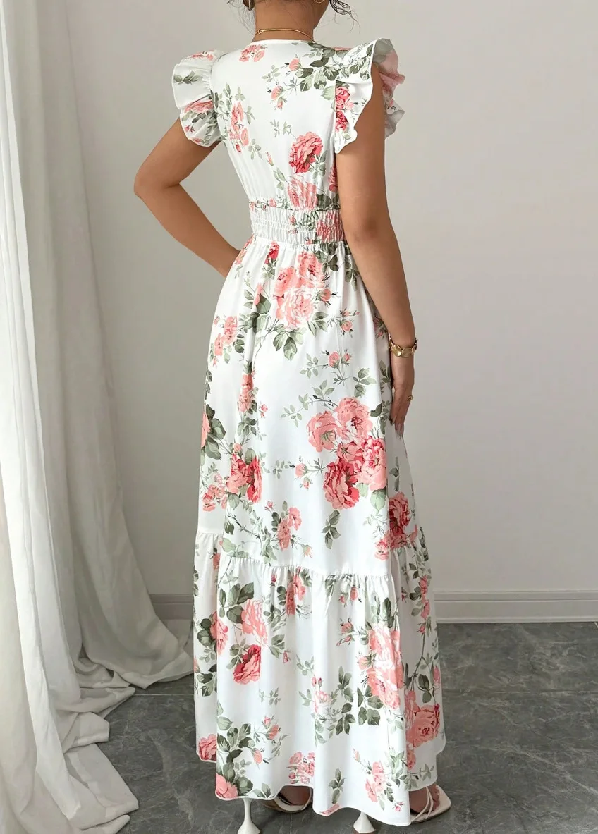 New Summer Women's Dress V-neck Elastic Waist Flying Sleeves Date Girl Vacation Fashion Patchwork Flower Print Female Long Skirt