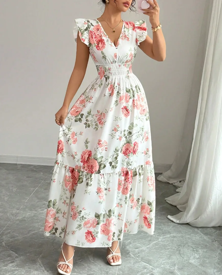 New Summer Women's Dress V-neck Elastic Waist Flying Sleeves Date Girl Vacation Fashion Patchwork Flower Print Female Long Skirt