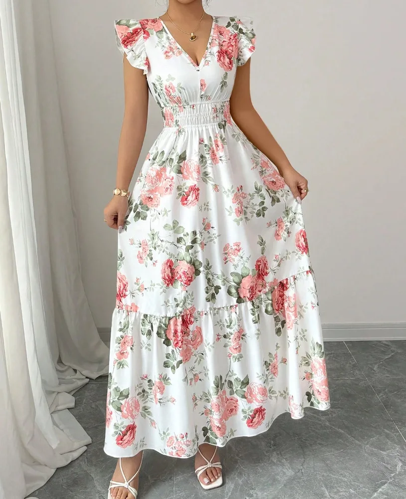 New Summer Women's Dress V-neck Elastic Waist Flying Sleeves Date Girl Vacation Fashion Patchwork Flower Print Female Long Skirt