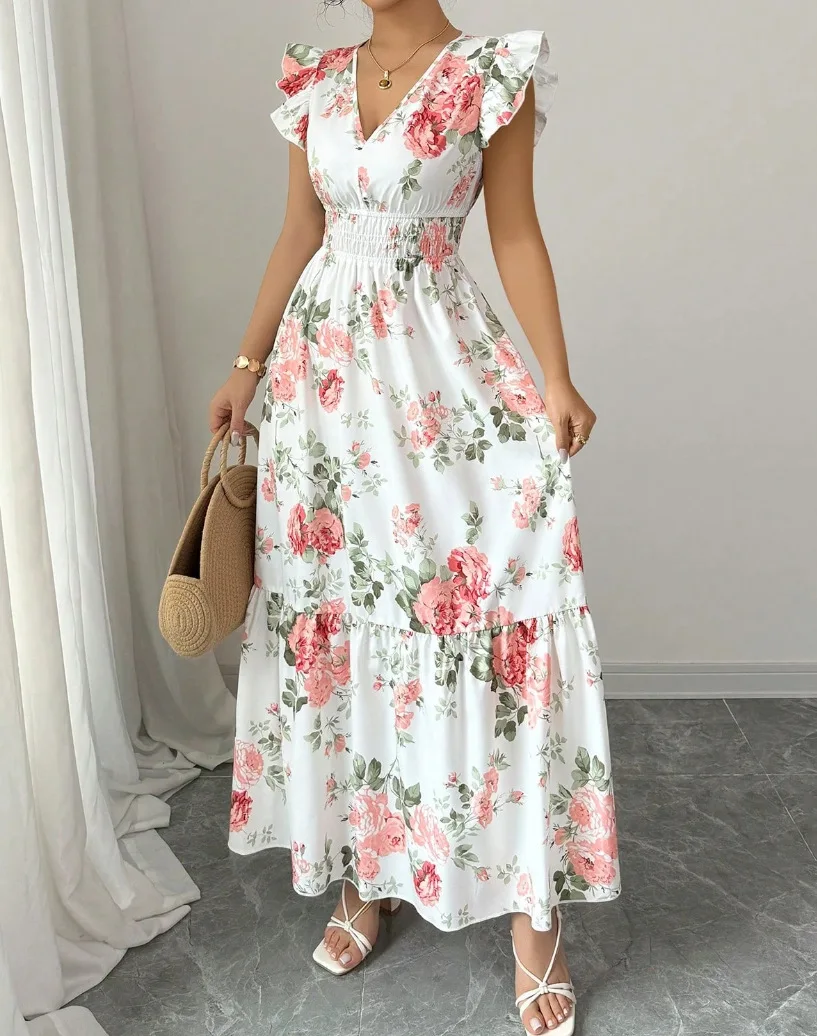 New Summer Women's Dress V-neck Elastic Waist Flying Sleeves Date Girl Vacation Fashion Patchwork Flower Print Female Long Skirt
