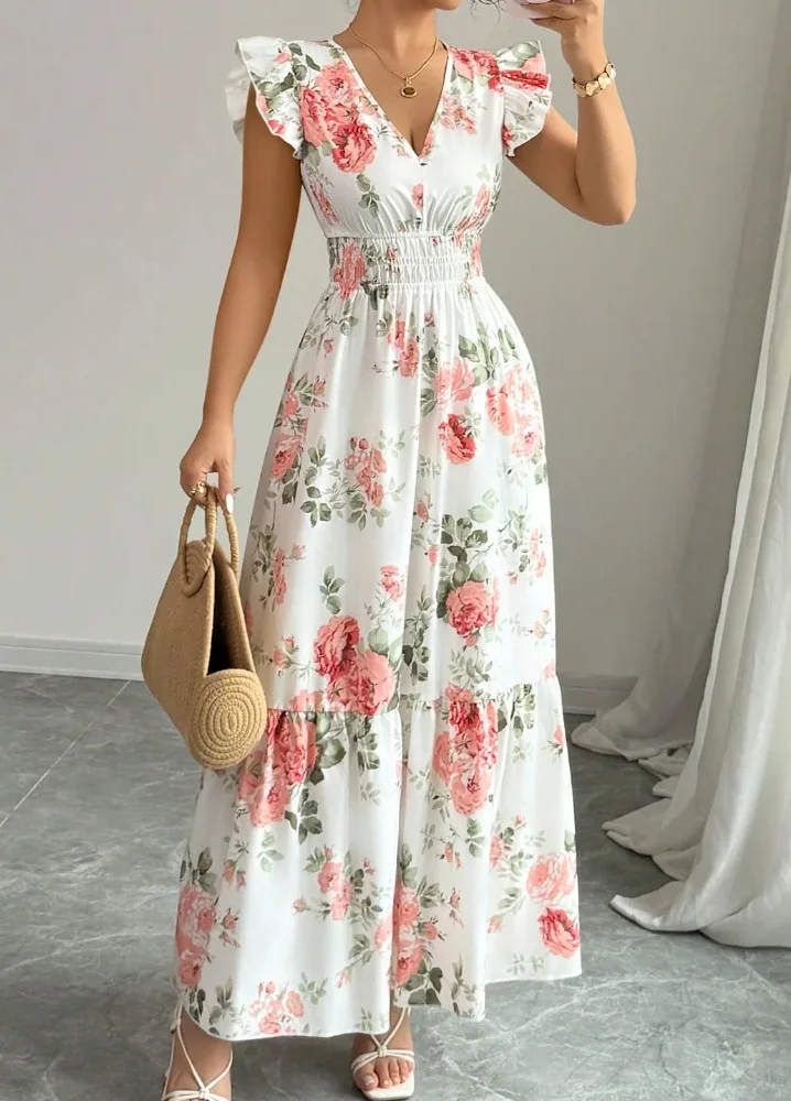 New Summer Women's Dress V-neck Elastic Waist Flying Sleeves Date Girl Vacation Fashion Patchwork Flower Print Female Long Skirt