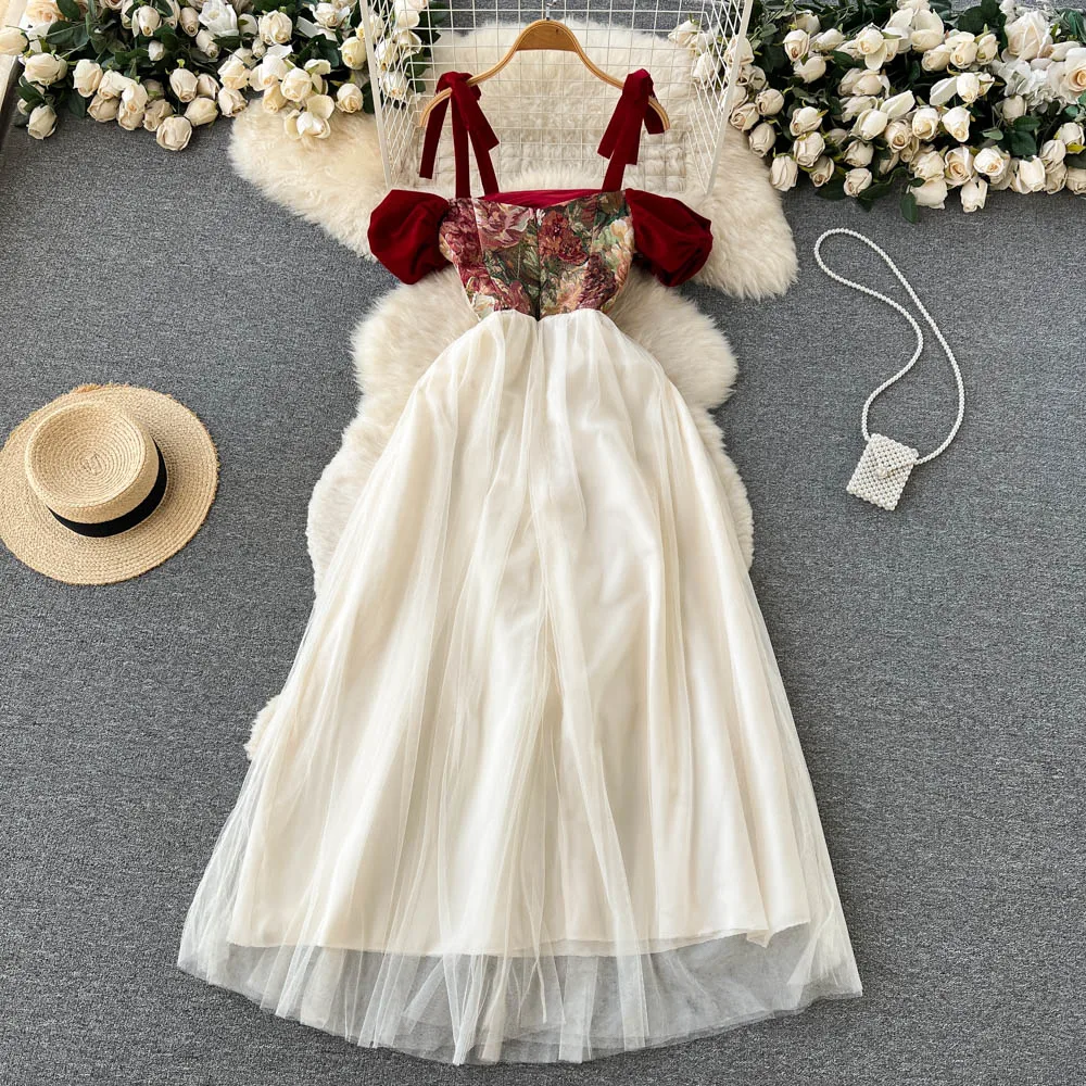 SINGREINY Embroidered Retro Print Camis Dress Women French Style Lace-up Design 2023 Summer Steetwear Mesh Long Party Dress