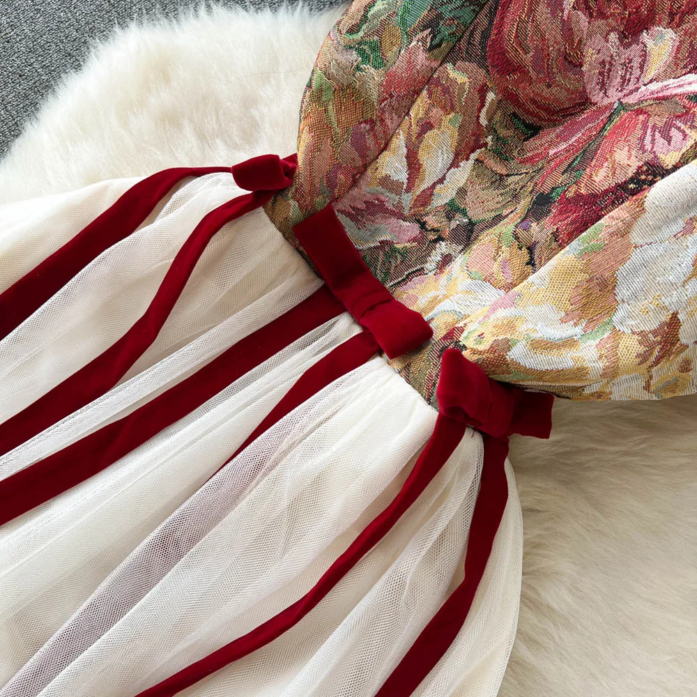 SINGREINY Embroidered Retro Print Camis Dress Women French Style Lace-up Design 2023 Summer Steetwear Mesh Long Party Dress