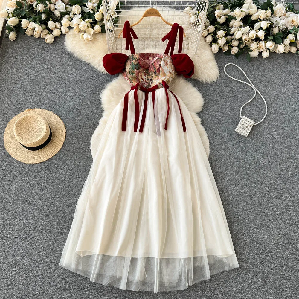 SINGREINY Embroidered Retro Print Camis Dress Women French Style Lace-up Design 2023 Summer Steetwear Mesh Long Party Dress