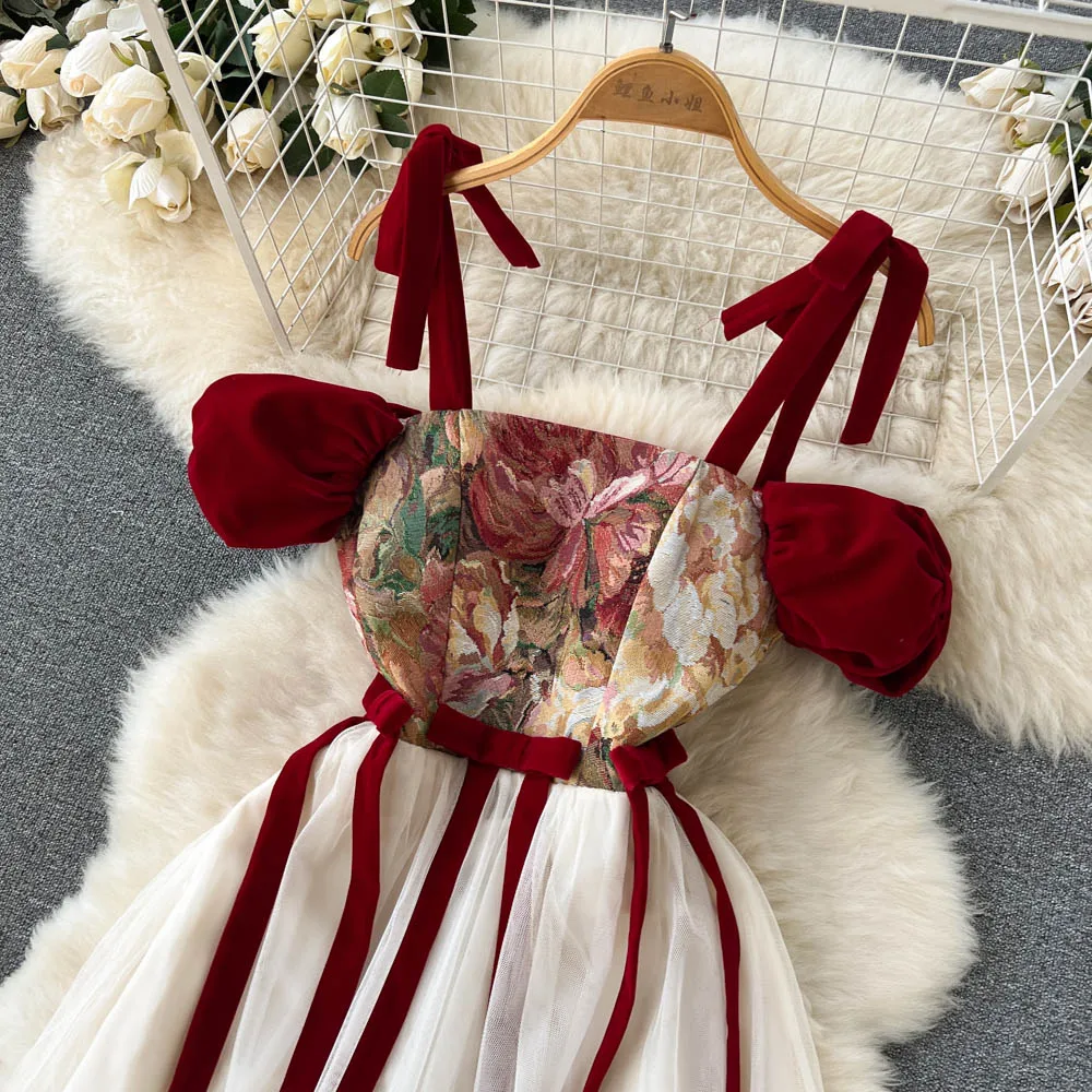 SINGREINY Embroidered Retro Print Camis Dress Women French Style Lace-up Design 2023 Summer Steetwear Mesh Long Party Dress