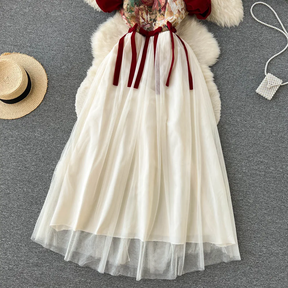 SINGREINY Embroidered Retro Print Camis Dress Women French Style Lace-up Design 2023 Summer Steetwear Mesh Long Party Dress
