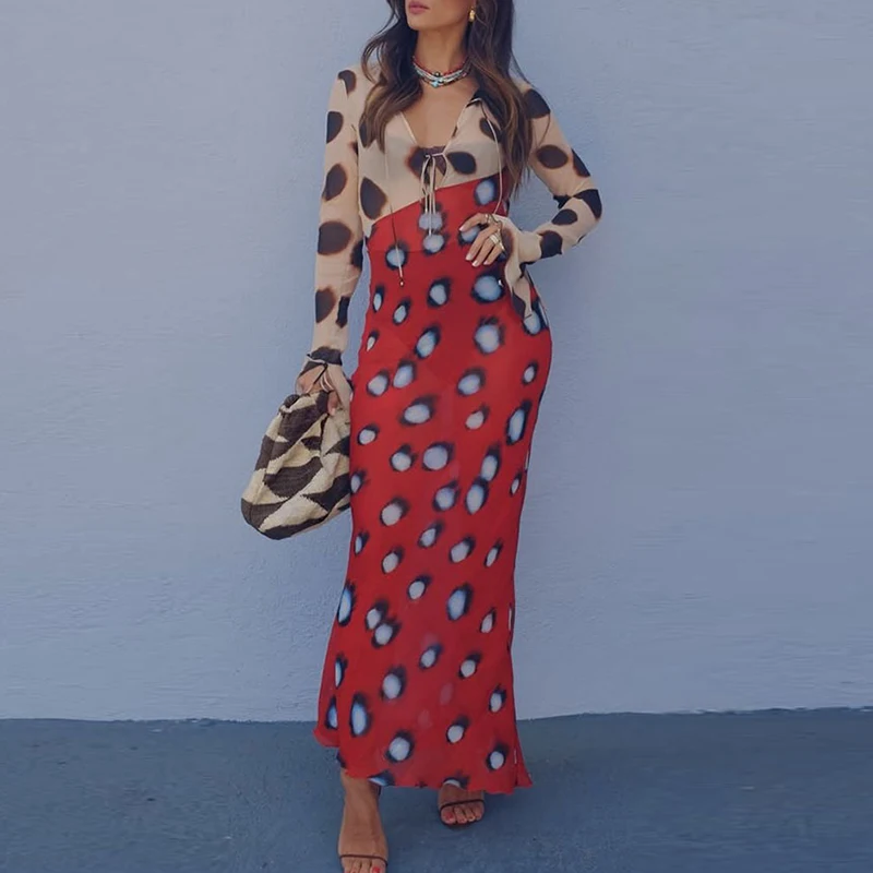 V Neck Lace Up Women's Casual Dress New Thin Mesh Spring Summer Dress Polka Dot Print Flared Sleeves Slim Fit Yacht Party Dress