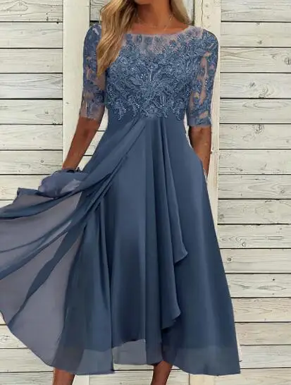 Women Lace Chiffon Midi Dress Summer Lady O-Neck Short Sleeve Cute Lace Patchwork Prom Evening Dress OUFY-801