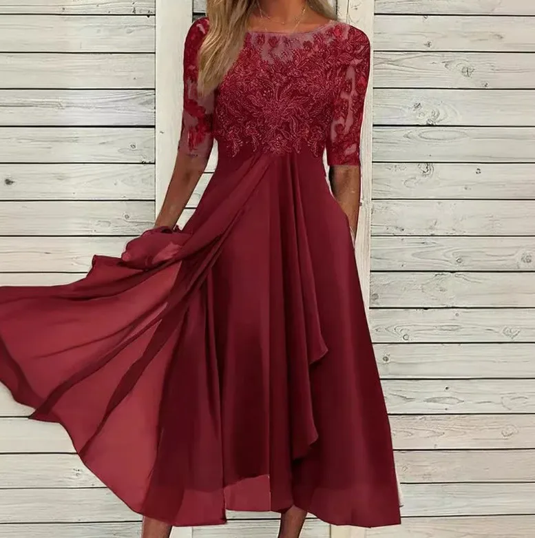 Women Lace Chiffon Midi Dress Summer Lady O-Neck Short Sleeve Cute Lace Patchwork Prom Evening Dress OUFY-801