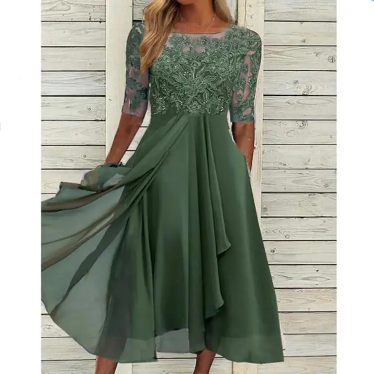 Women Lace Chiffon Midi Dress Summer Lady O-Neck Short Sleeve Cute Lace Patchwork Prom Evening Dress OUFY-801