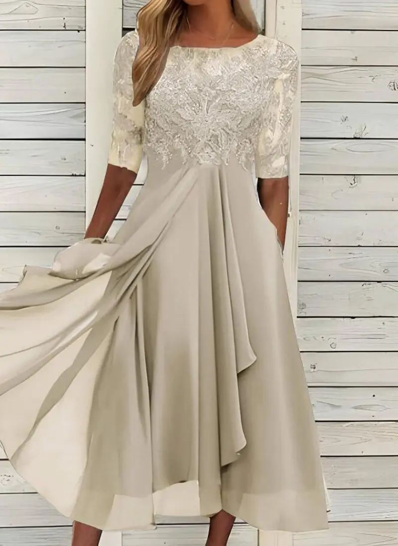 Women Lace Chiffon Midi Dress Summer Lady O-Neck Short Sleeve Cute Lace Patchwork Prom Evening Dress OUFY-801