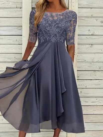 Women Lace Chiffon Midi Dress Summer Lady O-Neck Short Sleeve Cute Lace Patchwork Prom Evening Dress OUFY-801