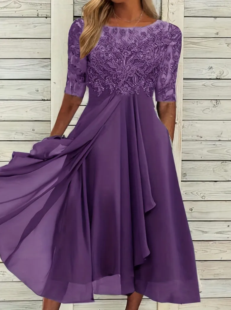Women Lace Chiffon Midi Dress Summer Lady O-Neck Short Sleeve Cute Lace Patchwork Prom Evening Dress OUFY-801