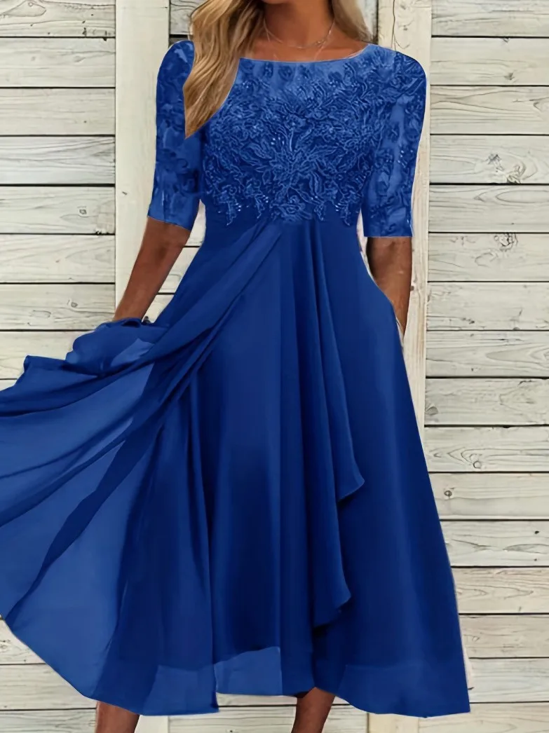 Women Lace Chiffon Midi Dress Summer Lady O-Neck Short Sleeve Cute Lace Patchwork Prom Evening Dress OUFY-801