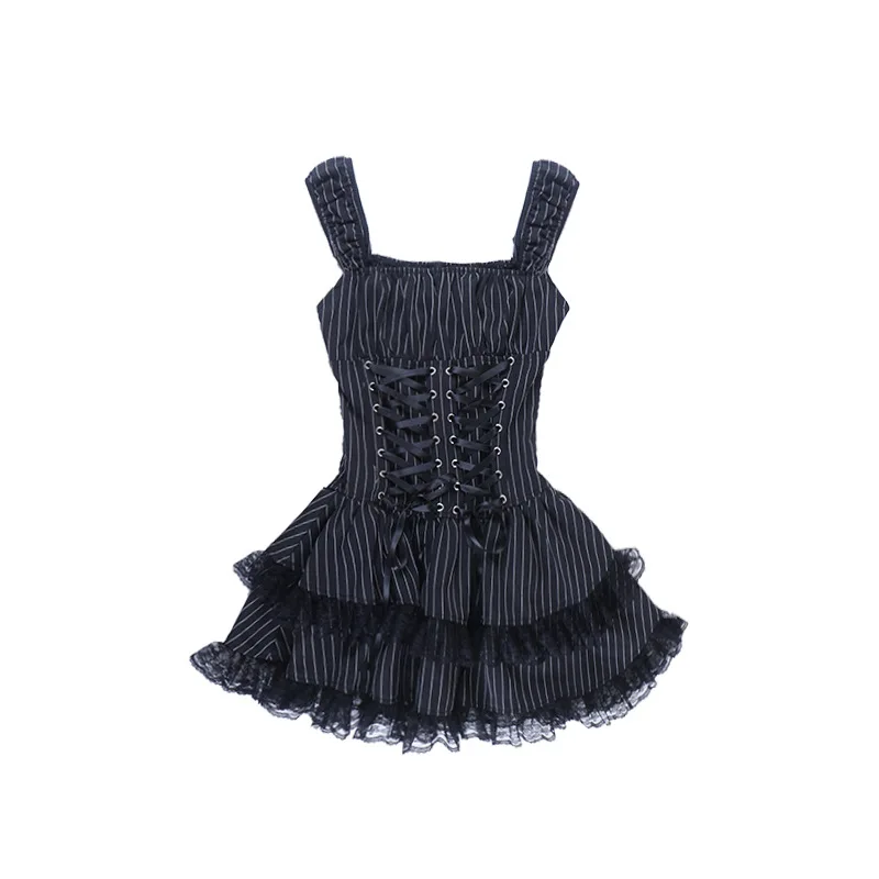 Goth Dark Lolita Outfits Cyber Y2K Striped Bandage Mini Dresses Sweet Lace Stitch Hem Cake Dress Mall Gothic Straps Party Gown