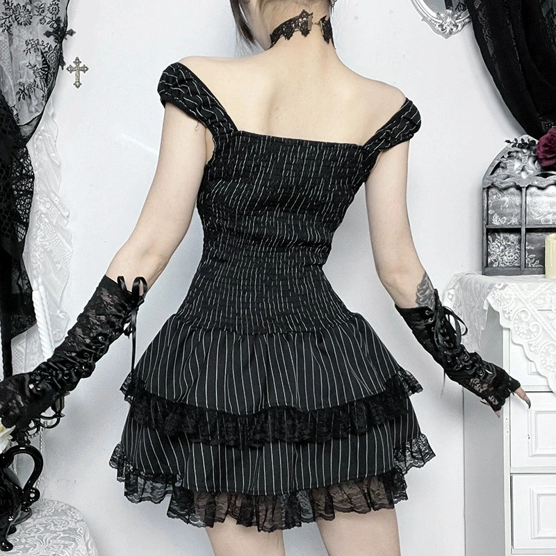 Goth Dark Lolita Outfits Cyber Y2K Striped Bandage Mini Dresses Sweet Lace Stitch Hem Cake Dress Mall Gothic Straps Party Gown