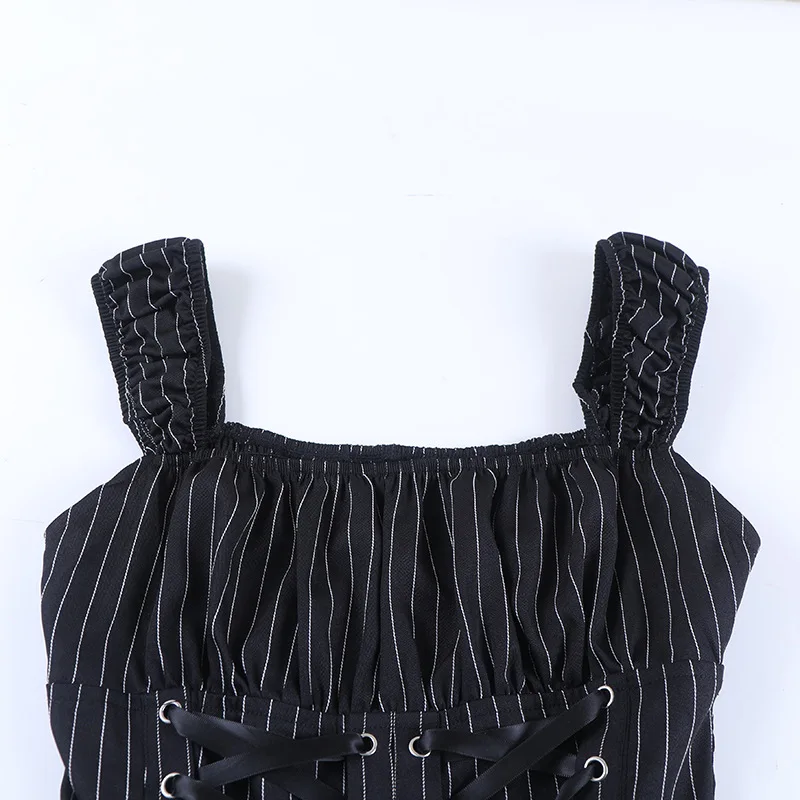 Goth Dark Lolita Outfits Cyber Y2K Striped Bandage Mini Dresses Sweet Lace Stitch Hem Cake Dress Mall Gothic Straps Party Gown